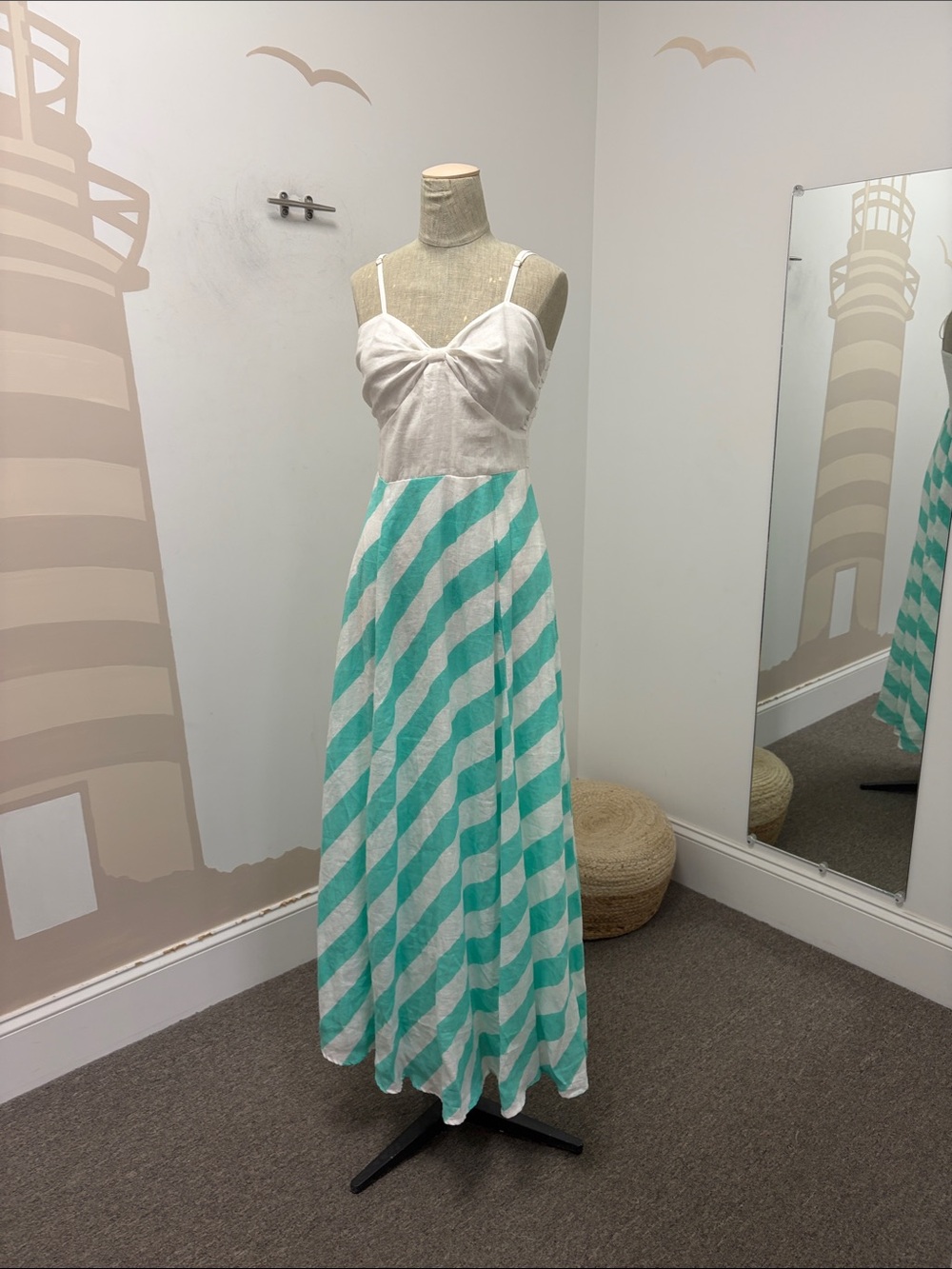 Lusana White and Aqua Stripe linen Maxi Dress